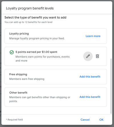 screenshot of loyalty program benefit types google merchant center